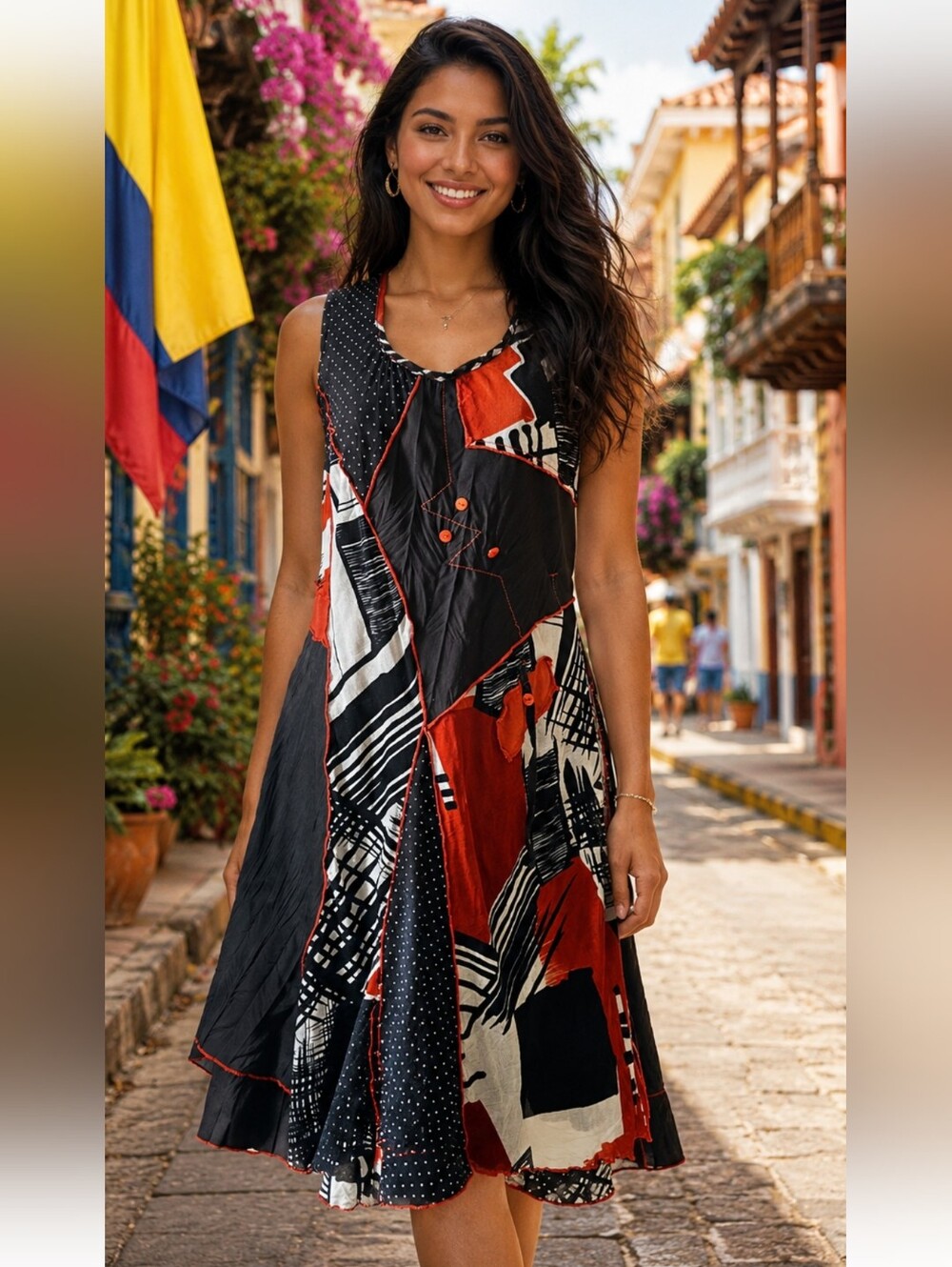 Goa Size 10 Abstract Patchwork Sleeveless Midi Dress Black Red White